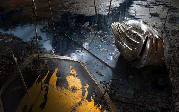 4K Ultra HD PC wallpaper featuring a metallic helmet and a worn banner from the Demon’s Souls video game, set against a dark, reflective battlefield background.