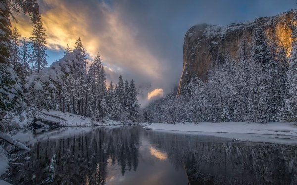 Earth Yosemite National Park National Park Winter Forest Snow Reflection River Mountain California Sierra Nevada Merced River HD Wallpaper | Background Image