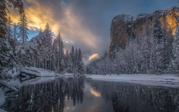 merced river Sierra Nevada California mountain river reflection snow forest winter nature Yosemite National Park Snowy Mountain HD Desktop Wallpaper | Background Image