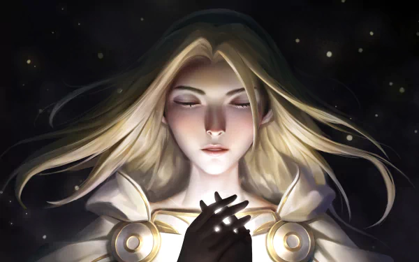 4K Ultra HD wallpaper featuring Lux, the blonde mage from League of Legends, with glowing hands and a dark, starry background.