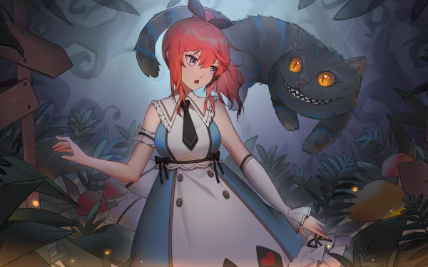 red hair purple eyes cat cheshire cat fantasy Alice In Wonderland HD Desktop Wallpaper | Background Image