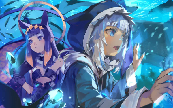 HD PC desktop wallpaper featuring anime-style Virtual YouTubers Gawr Gura and Ninomae Ina'nis surrounded by vibrant underwater elements.