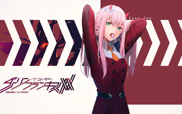 HD desktop wallpaper featuring Zero Two from Darling in the FranXX anime. She stands confidently with her arms raised, set against a geometric background with the series logo.