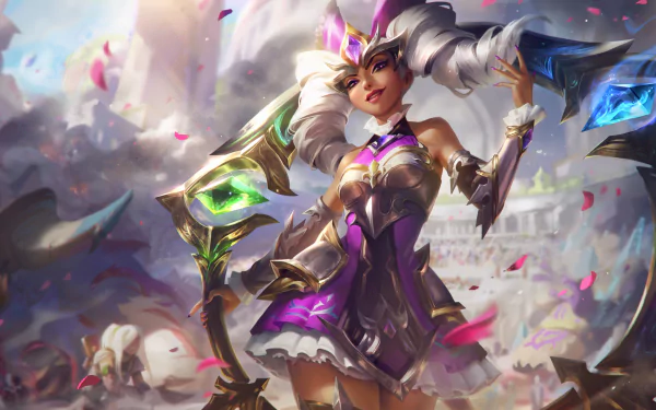 Qiyana (League of Legends) in ornate purple battle outfit, wielding jeweled elemental blades amid falling petals and a ruined arena — 2K Quad HD PC desktop wallpaper/background.