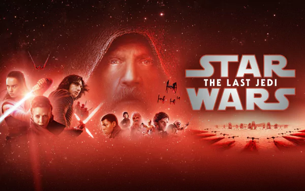 4K Ultra HD PC desktop wallpaper and background for the Star Wars movie The Last Jedi: red-hued montage with a hooded figure, lightsabers, TIE fighters and the Star Wars logo.