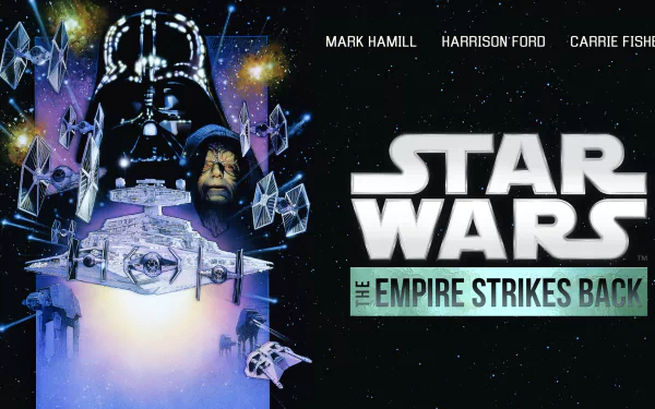 4K Ultra HD PC wallpaper of Star Wars: The Empire Strikes Back — Darth Vader's helmet, the Millennium Falcon, TIE fighters and the logo against a starfield.