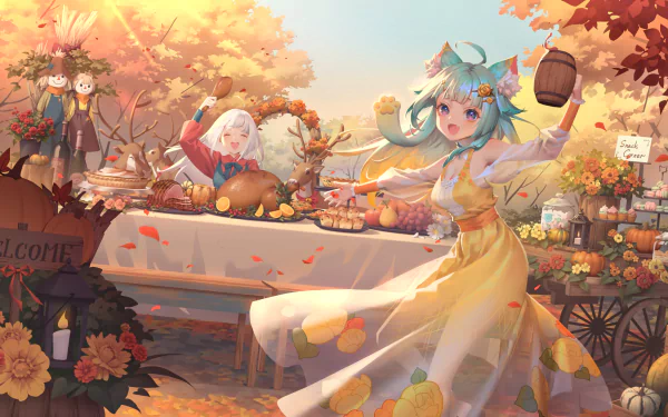 Anime girl with aqua hair and animal ears celebrates Thanksgiving outdoors among autumn foliage, white-haired character at a festive fall feast in this HD desktop wallpaper.
