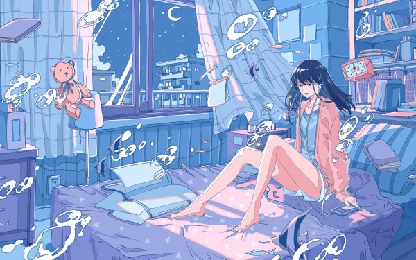 Anime Girl Room Bed Black Hair Feet Teddy Bear HD Wallpaper | Background Image