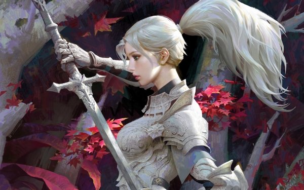 Fantasy Women Warrior Sword Knight Woman Warrior White Hair Ponytail Armor HD Wallpaper | Background Image