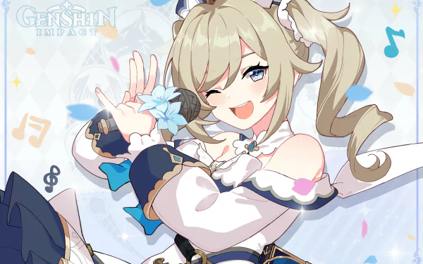 HD PC desktop wallpaper featuring Barbara from the video game Genshin Impact, showcasing her cheerful expression and musical-themed design.