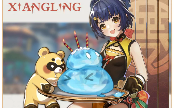 A vibrant HD wallpaper featuring Xiangling from Genshin Impact, joyfully presenting a blue slime dessert alongside her companion Guoba, embodying the whimsical charm of the game.