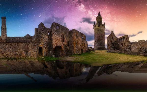 4K Ultra HD desktop wallpaper: man-made ruined stone fortress and castle at night beneath a starry, cloud-streaked sky with a shooting star, reflected in calm water.