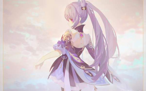 HD PC desktop wallpaper featuring Keqing from the video game Genshin Impact, depicted with long lavender hair against a soft, pastel sky background.