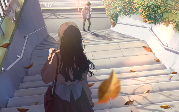 Anime-style 4K Ultra HD desktop wallpaper featuring a serene scene of two characters on sunlit stairs surrounded by autumn leaves.