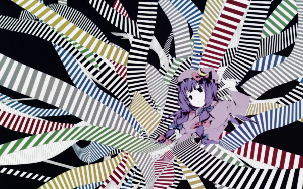 8K Ultra HD PC desktop wallpaper of Patchouli Knowledge (Touhou): purple-haired anime girl in frilly dress surrounded by radiating multicolored striped ribbons on a black background.