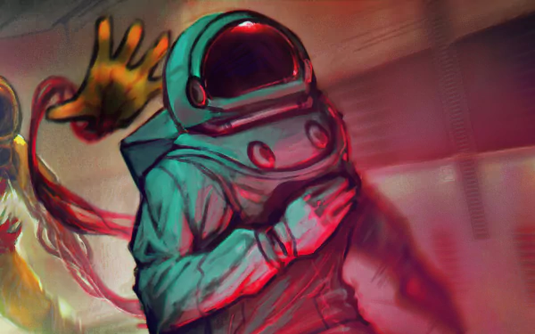 Stylized Among Us crewmate in a teal helmet clutching its chest as a ghostly yellow hand reaches from behind — painterly video game 4K Ultra HD PC desktop wallpaper and background.
