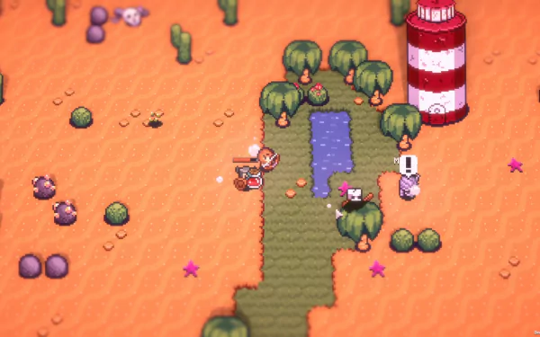 HD desktop wallpaper of Tinkertown game featuring a character near a lighthouse and pond amidst an orange pixelated landscape.