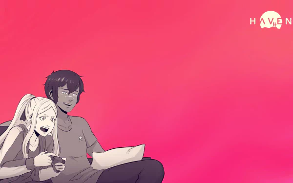 HD desktop wallpaper featuring two animated characters relaxing with a game controller and paper, against a pink background with the Haven logo.