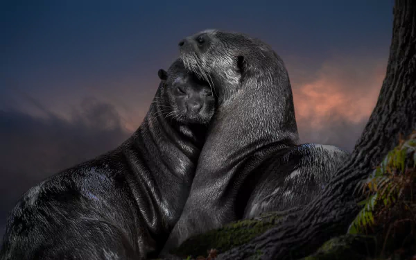 Two otters embracing on a mossy rock at dusk, dramatic sky — high-detail 4K Ultra HD animal image for PC desktop wallpaper and background.
