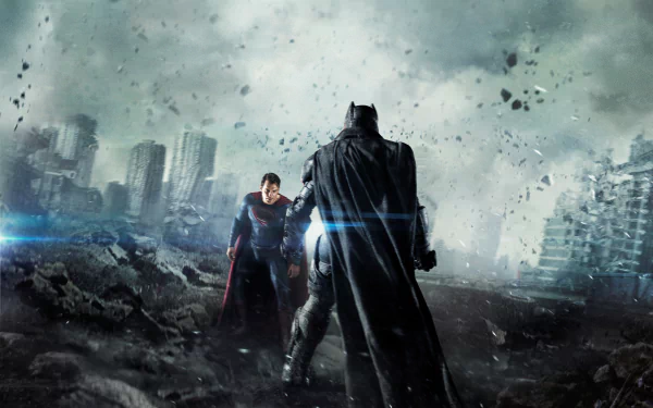 4K Ultra HD wallpaper featuring Henry Cavill as Superman and Ben Affleck as Batman from the movie Batman v Superman: Dawn of Justice, set in a dramatic, ruined cityscape.