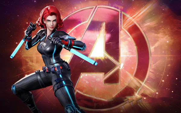 Natasha Romanoff as Black Widow: red-haired, tactical suit, twin glowing batons drawn, poised before a glowing Avengers emblem — stylized Marvel Super War 2K Quad HD PC desktop wallpaper.