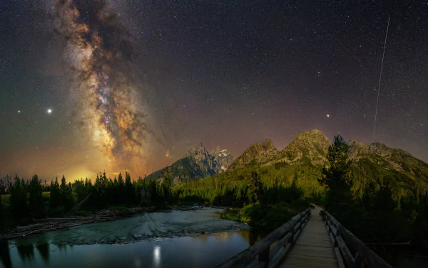 fir tree Milky Way lake night mountain star man made bridge HD Desktop Wallpaper | Background Image