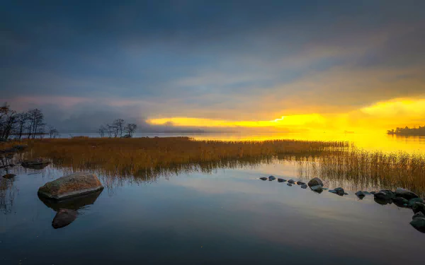 sky stone reed sunset nature lake HD Desktop Wallpaper | Background Image