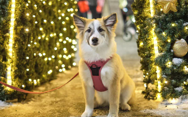 HD PC desktop wallpaper and background of a Christmas dog: white-and-tan animal in a red harness sitting among twinkling, ornamented Christmas trees.