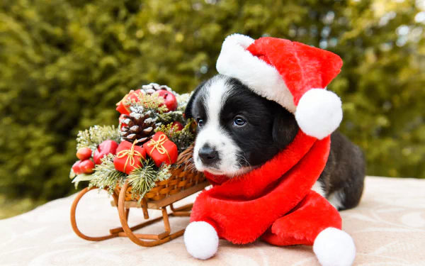 santa hat sled Christmas baby animal dog Animal puppy HD Desktop Wallpaper | Background Image
