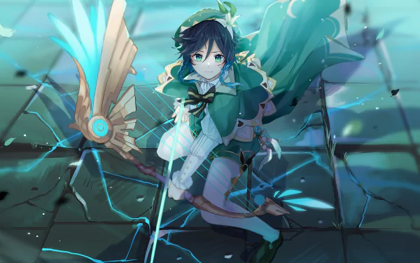 HD PC desktop wallpaper featuring Venti, the archer character from the video game Genshin Impact, with dynamic teal and green hues in a shattered glass design.