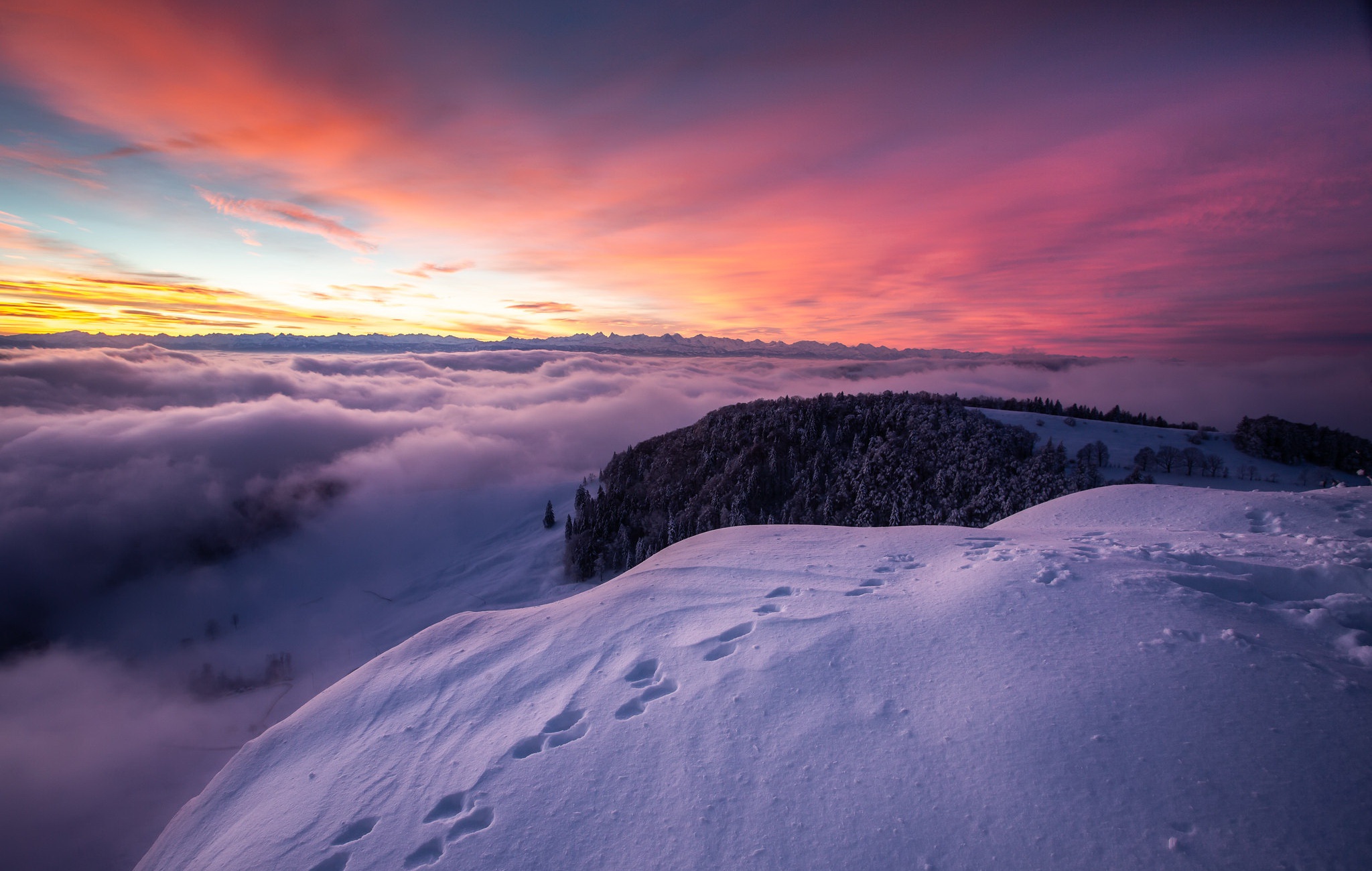 Download Fog Nature Mountain Sunset Snow Winter HD Wallpaper