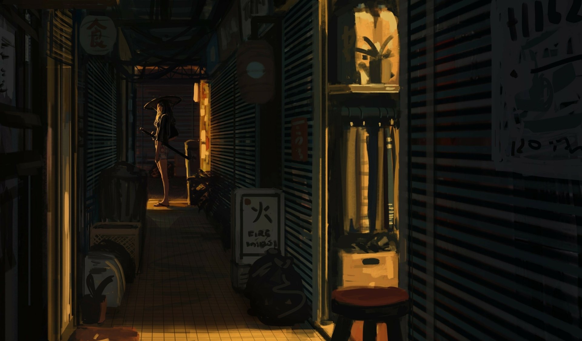 HD anime wallpaper featuring a woman warrior or ronin standing in a dimly lit hallway with traditional décor, creating a striking and atmospheric scene.