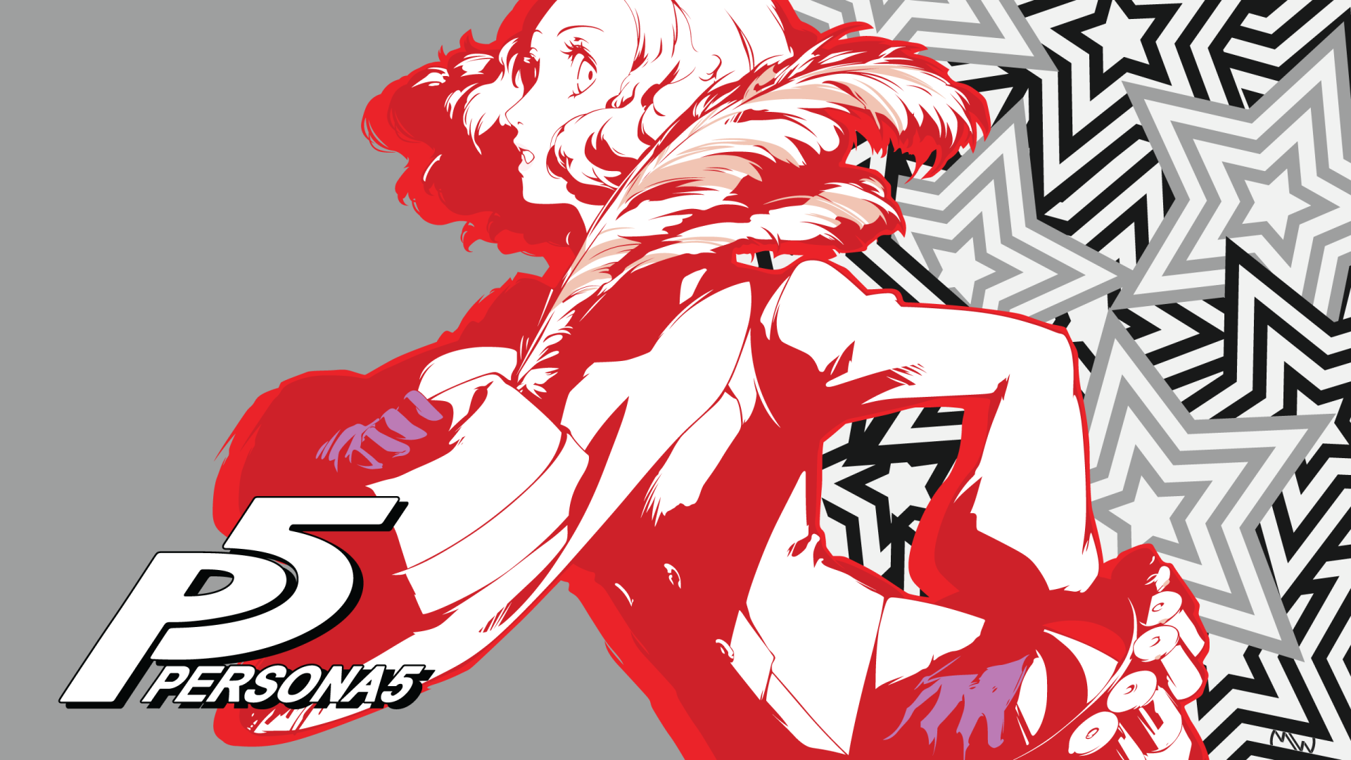 Stylized red-and-white illustration of Haru Okumura in a dynamic pose over a gray field with black-and-white star pattern and Persona 5 logo — 2K Quad HD PC desktop wallpaper/background.