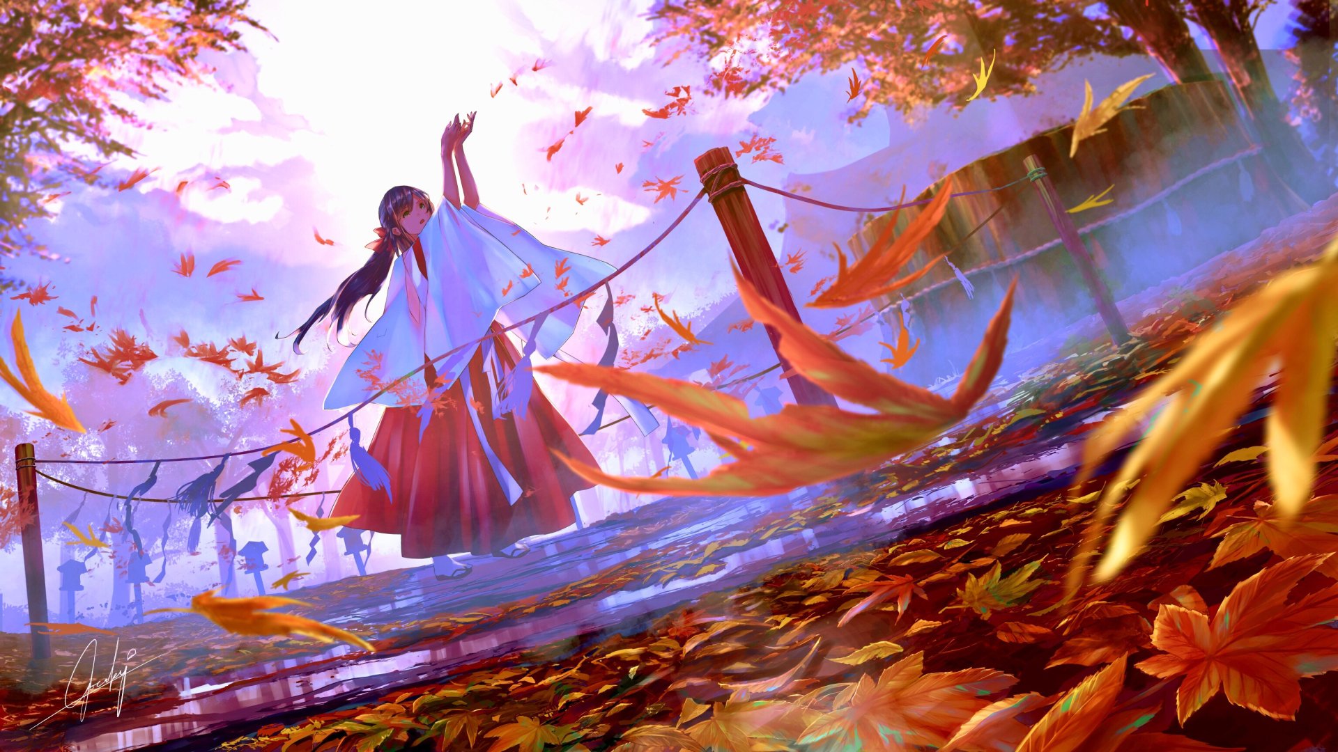 An anime girl with long hair, wearing a yukata, stands amidst falling autumn leaves. This HD desktop wallpaper and background captures the beauty of fall in vibrant colors.
