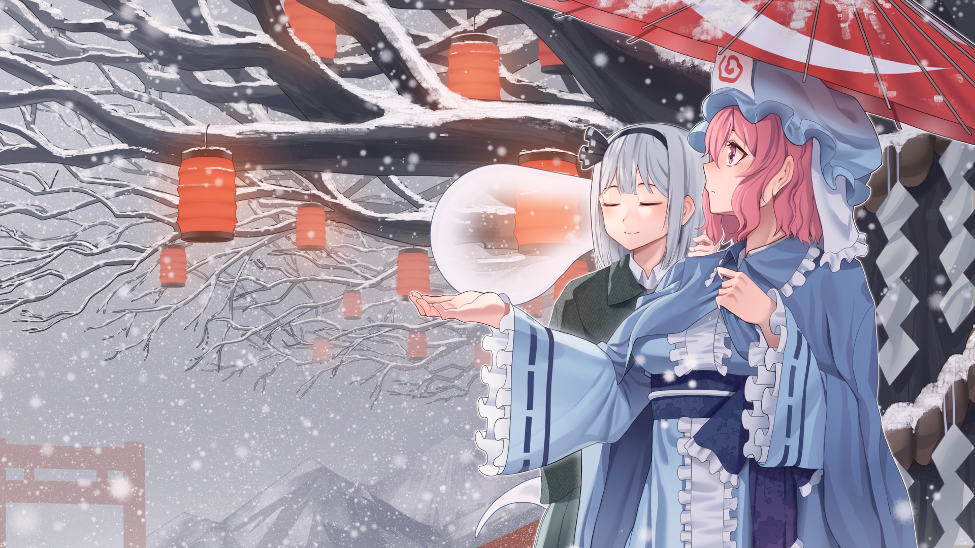 Touhou anime 2K Quad HD desktop wallpaper: Yuyuko Saigyouji and Youmu Konpaku stand in a snowy, lantern-lit garden; Yuyuko holds a red umbrella in a serene winter scene.