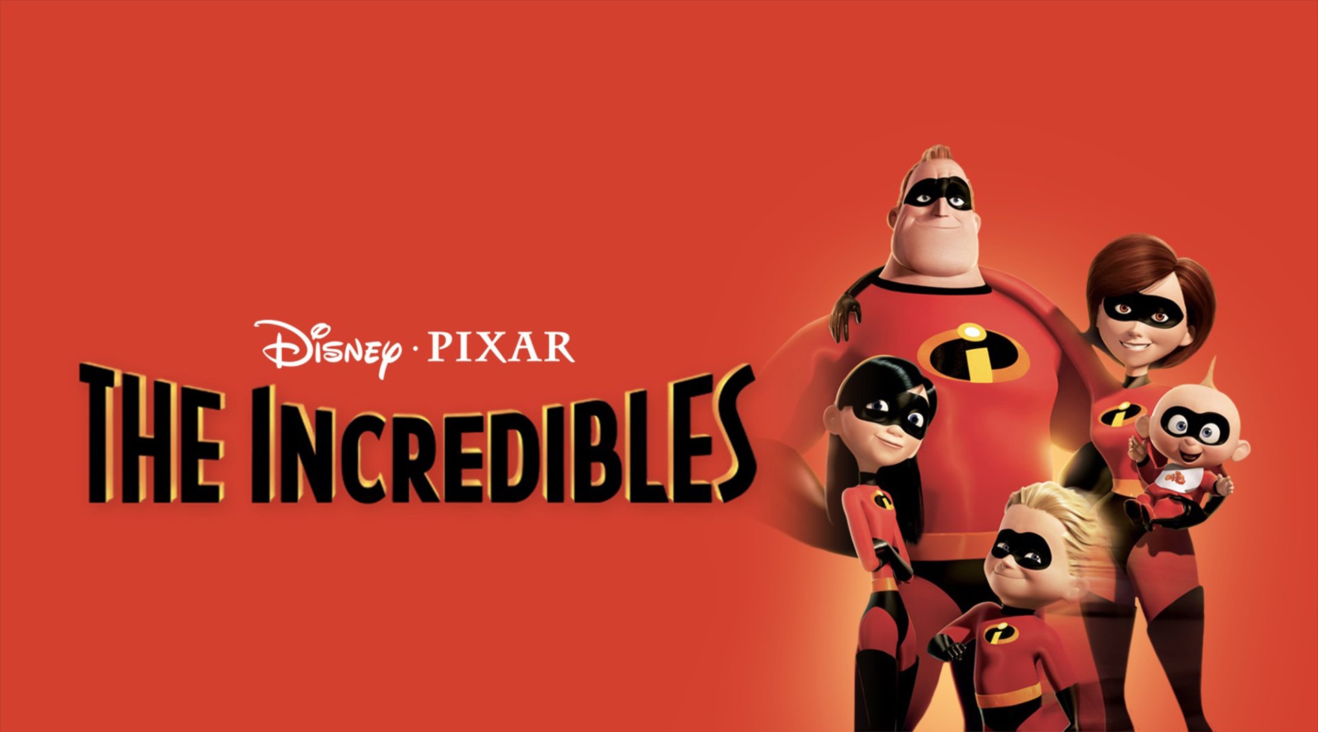 HD PC desktop wallpaper of The Incredibles movie featuring Mr. Incredible (Bob Parr), Elastigirl (Helen Parr), Violet Parr, Dash Parr and Jack-Jack Parr in red suits beside logo.