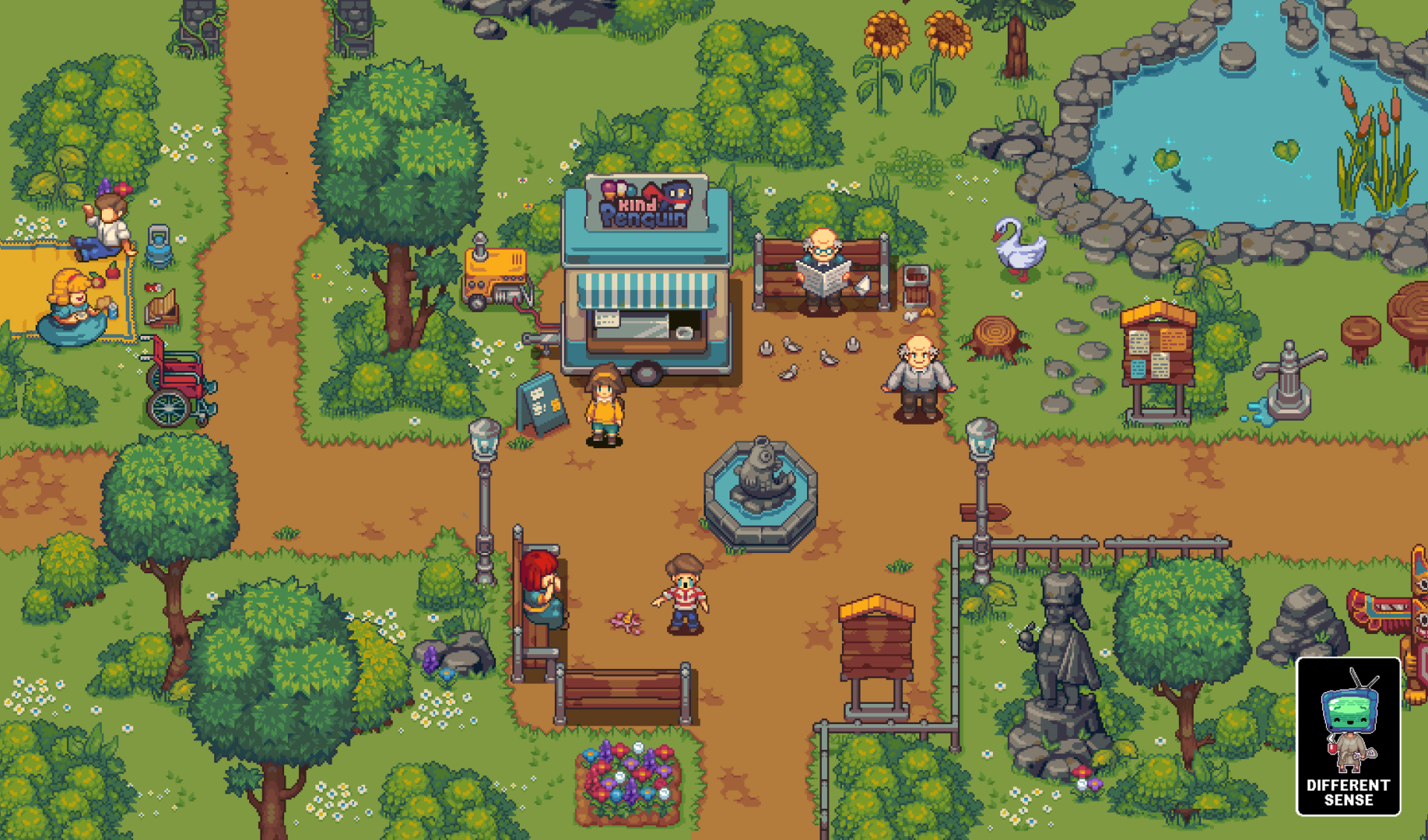 Artistic pixel art HD PC desktop wallpaper depicting a lively village square with characters, trees, a pond, and various detailed elements in vibrant colors.