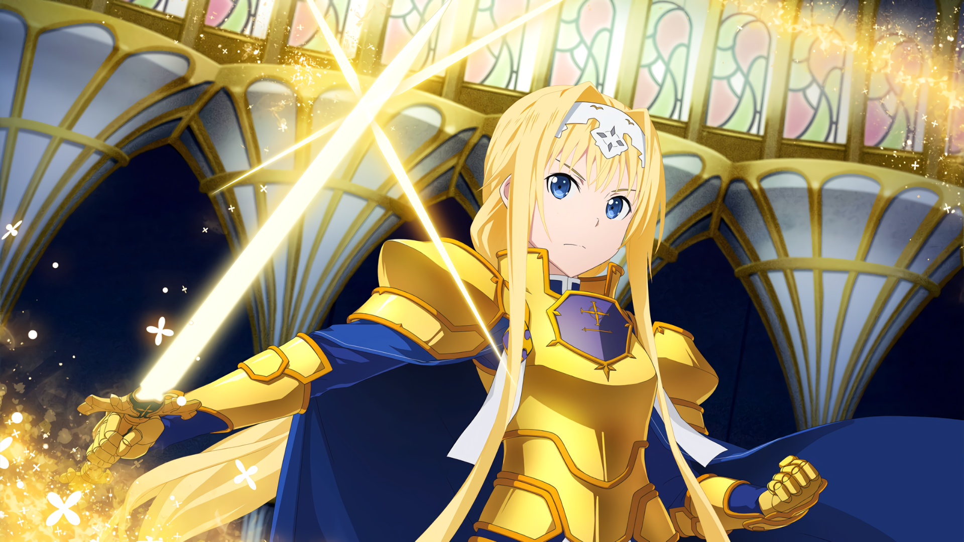 Alice Zuberg in golden armor raising a glowing sword in a cathedral — video game Sword Art Online: Alicization (Alicization Rising Steel) 2K Quad HD PC desktop wallpaper.