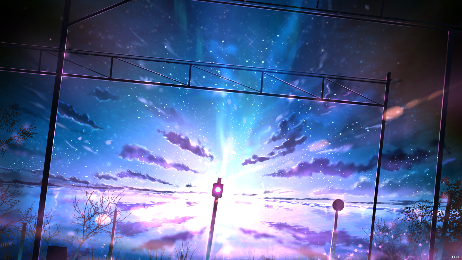 HD anime night sky wallpaper featuring vibrant clouds, glowing stars, and silhouetted street signs under a bright, colorful celestial display.