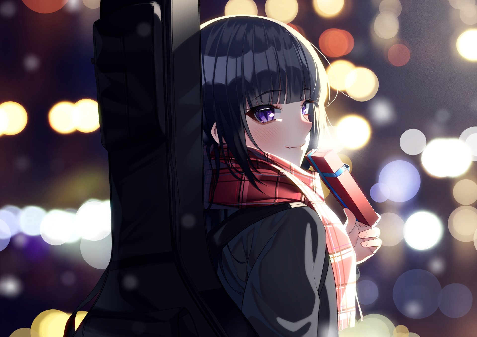Anime girl with black hair and purple eyes blushes at night, wearing a red scarf and dark coat, leaning on a guitar case against bokeh lights — HD PC desktop wallpaper background.
