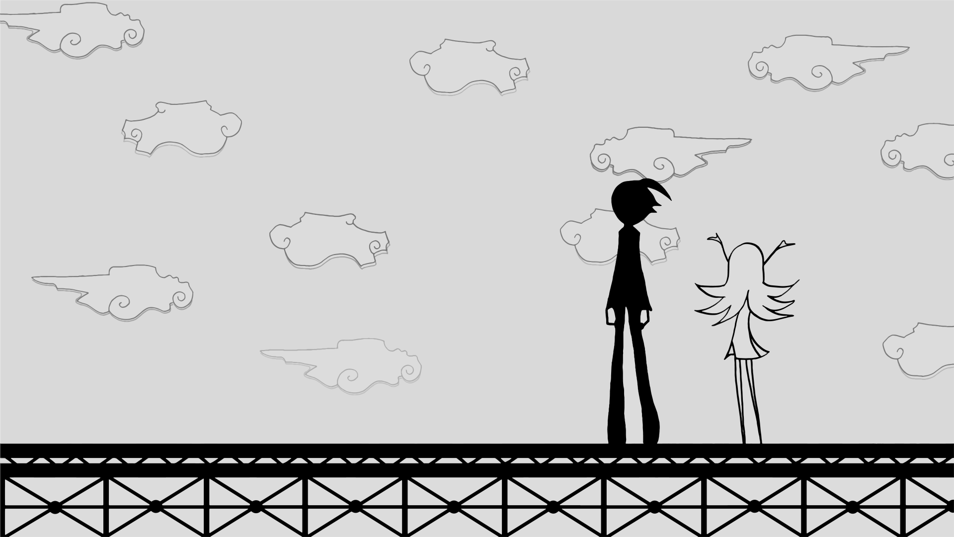 Silhouettes of Koyomi Araragi and Shinobu Oshino from Bakemonogatari stand side by side against a stylized sky with clouds, featured in an 8K Ultra HD Monogatari series wallpaper.