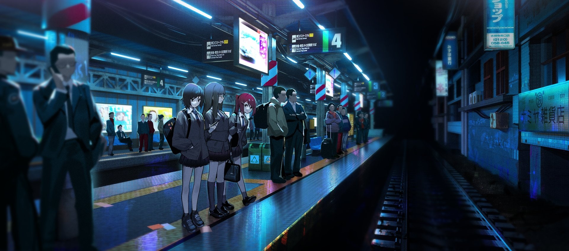 Anime-style night scene at a bustling train station, featuring diverse characters waiting on the platform with vivid lighting, rendered in 4K Ultra HD for PC wallpaper.