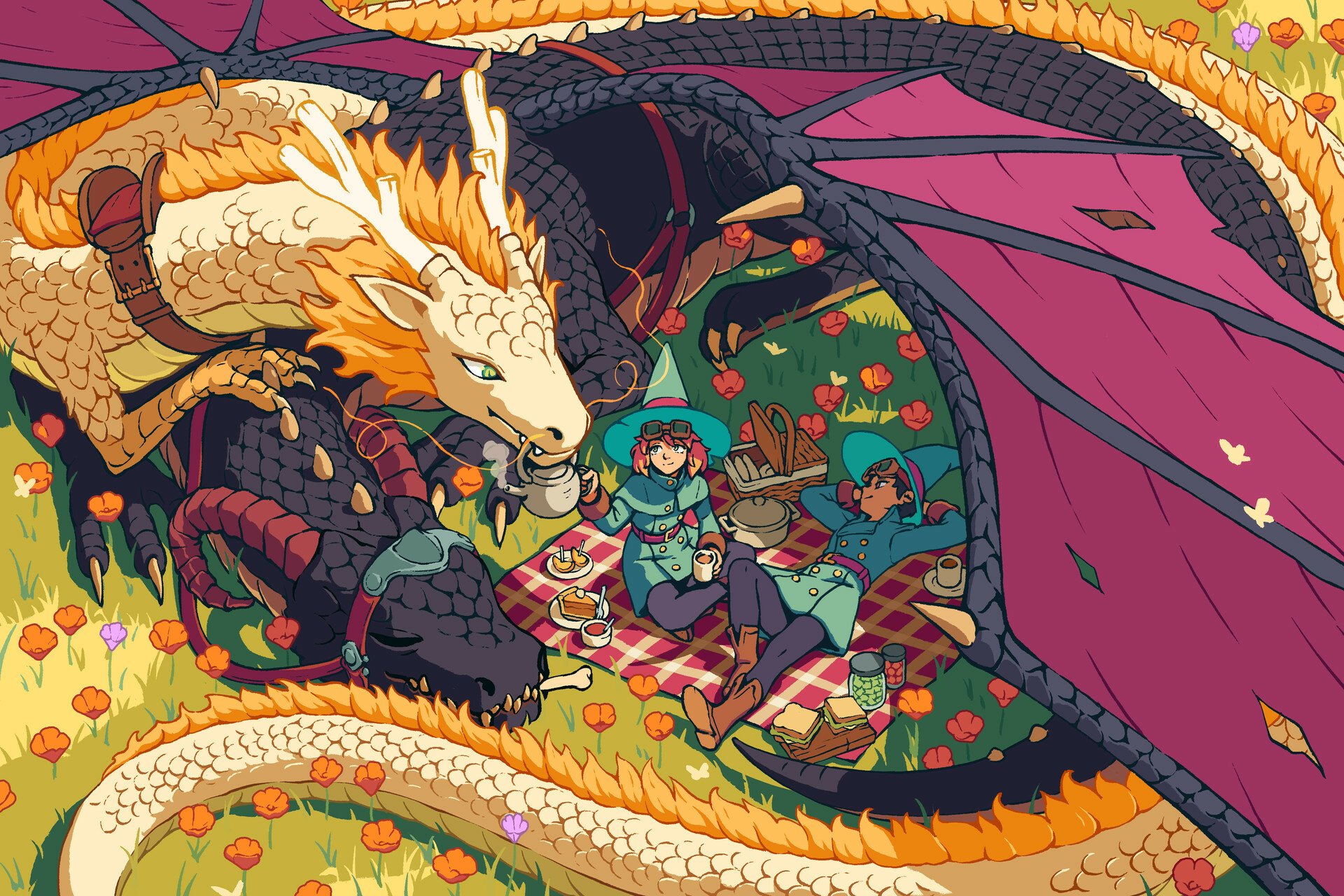 A vibrant fantasy HD PC desktop wallpaper featuring a large dragon resting protectively over two characters having a picnic amid colorful flowers.