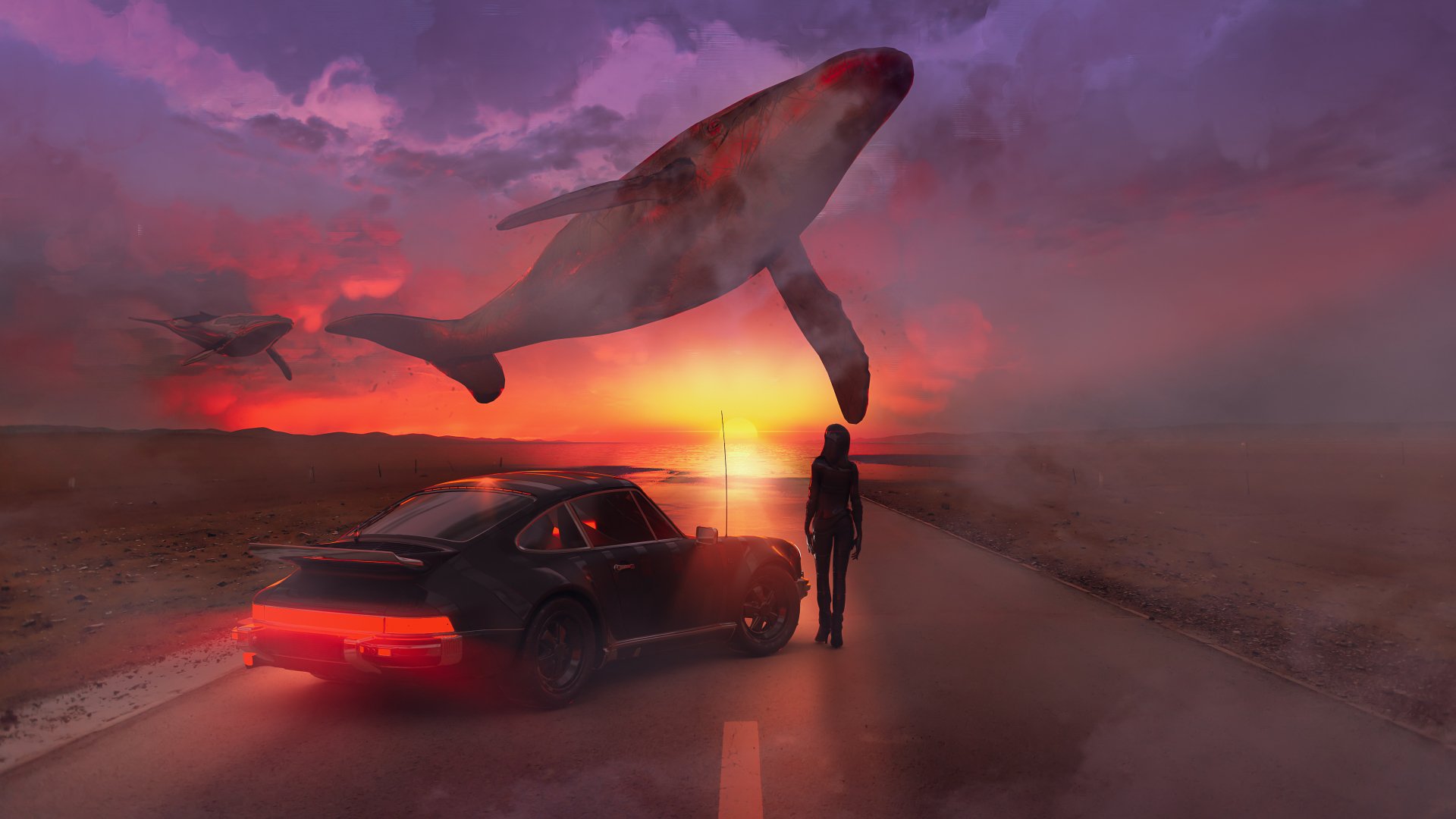 A digital art 4K Ultra HD wallpaper depicting a surreal landscape with a whale soaring in the colorful sunset sky, a person and a car on a foggy road.