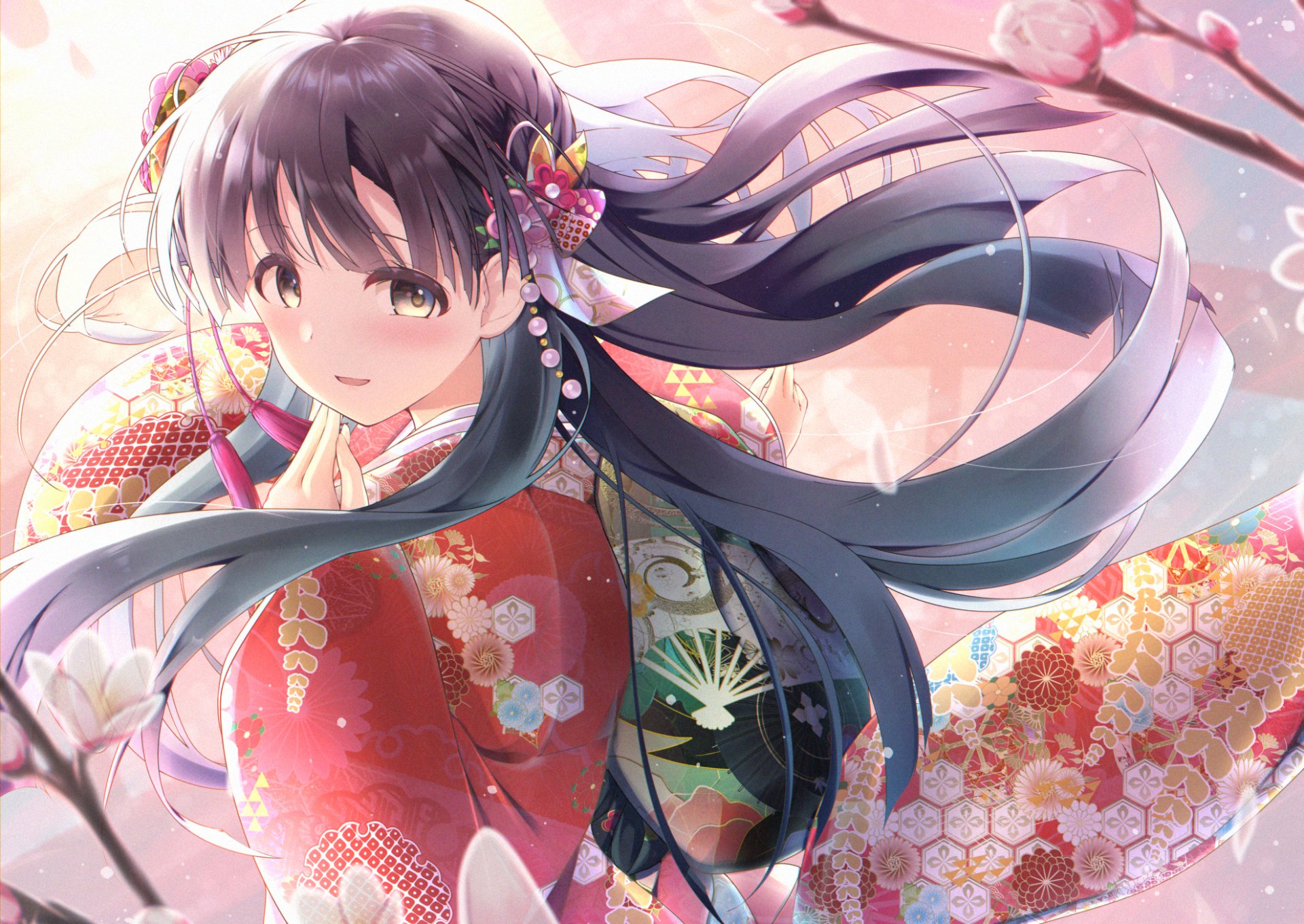 Anime HD desktop wallpaper of Sae Kobayakawa from The iDOLM@STER Cinderella Girls, wearing a detailed red kimono with long flowing hair.