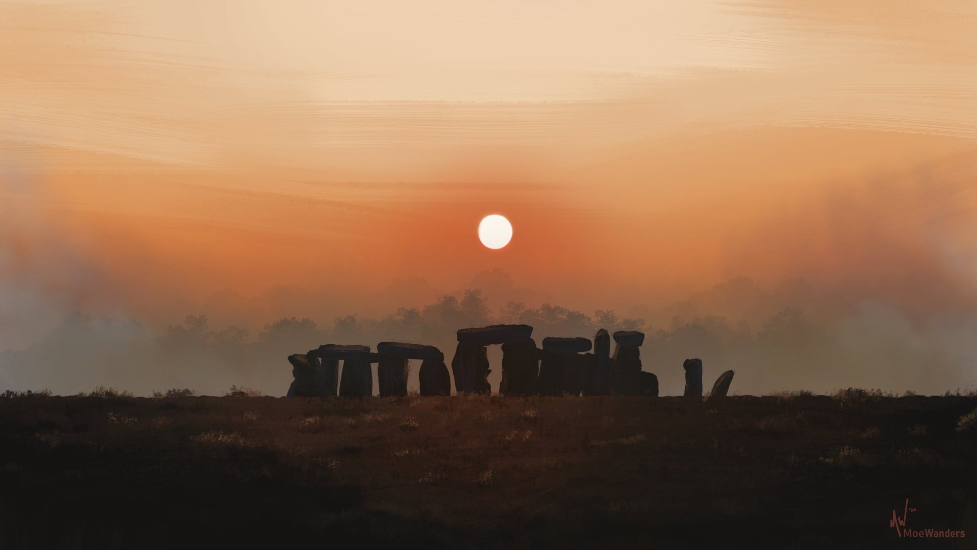 Sunset casts a warm glow over the man-made Stonehenge monument, captured in stunning 4K Ultra HD as a PC desktop wallpaper.