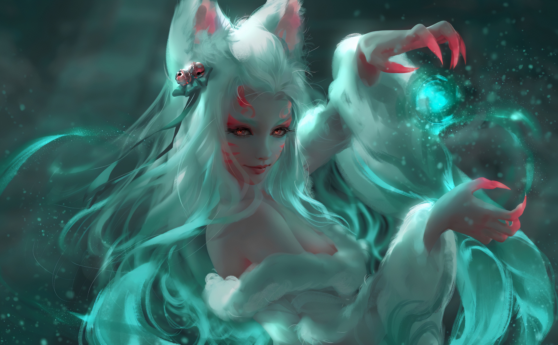 HD desktop wallpaper featuring Ahri from League of Legends with white hair and animal ears, casting a glowing spell in a mystical, dark environment.