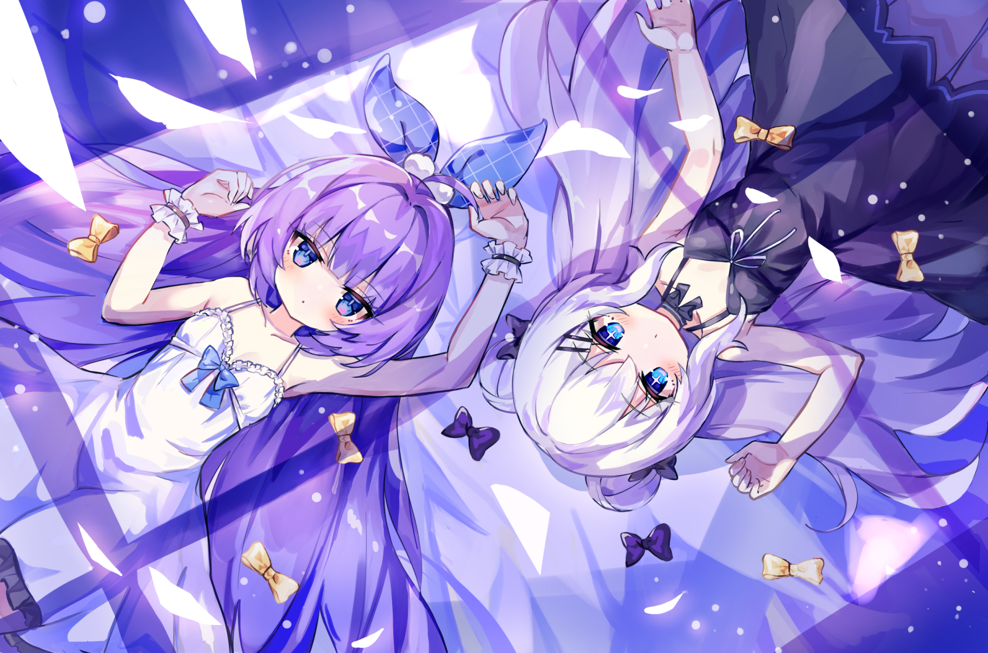 HD anime wallpaper featuring Tashkent and Le Malin from Azur Lane with long white and purple hair, aqua eyes, dressed in elegant outfits, surrounded by butterflies and soft lighting.