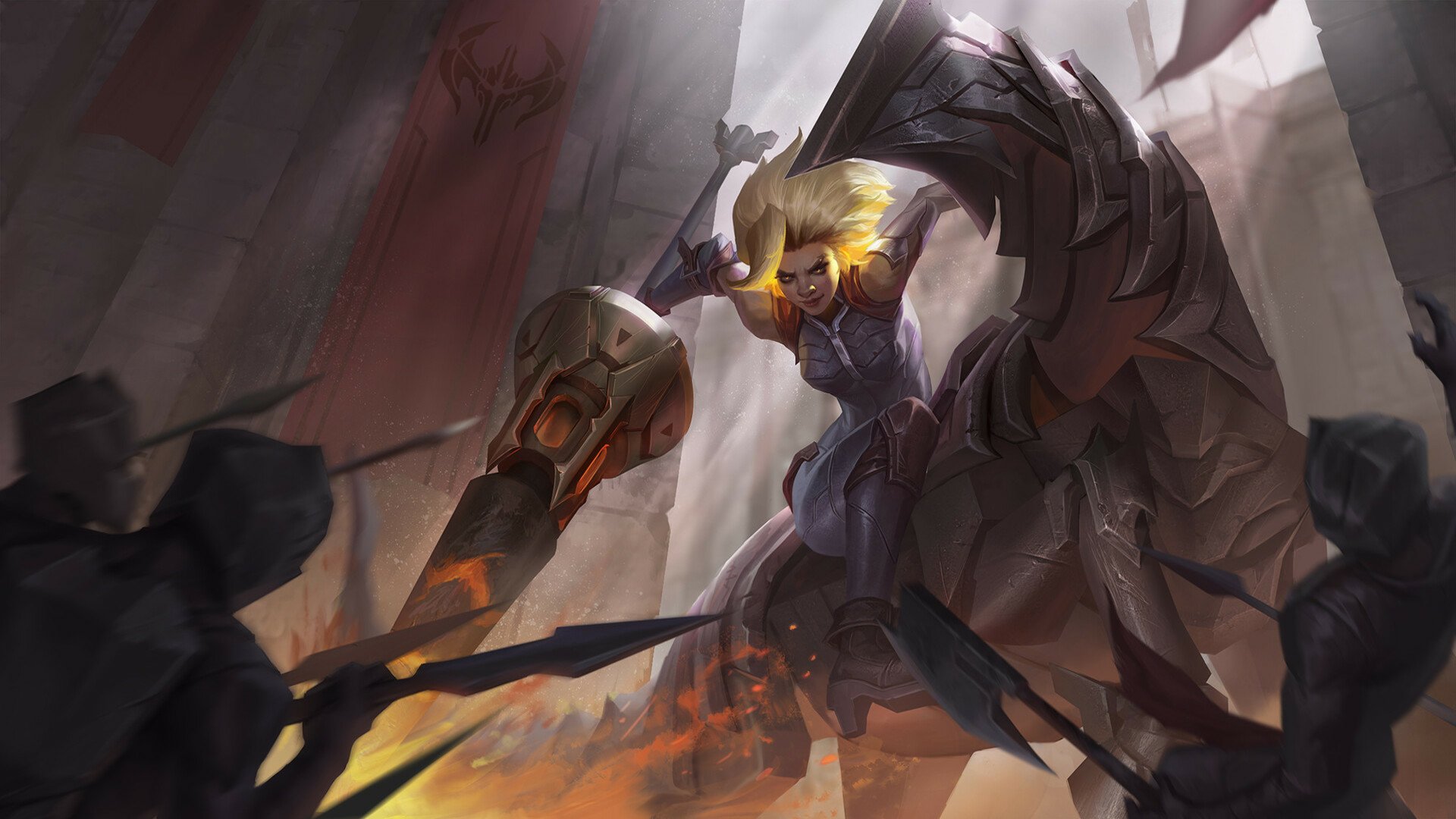 HD PC desktop wallpaper of Rell (League of Legends) charging with her armored mount and massive lance amid a fiery battlefield — video game artwork from League of Legends