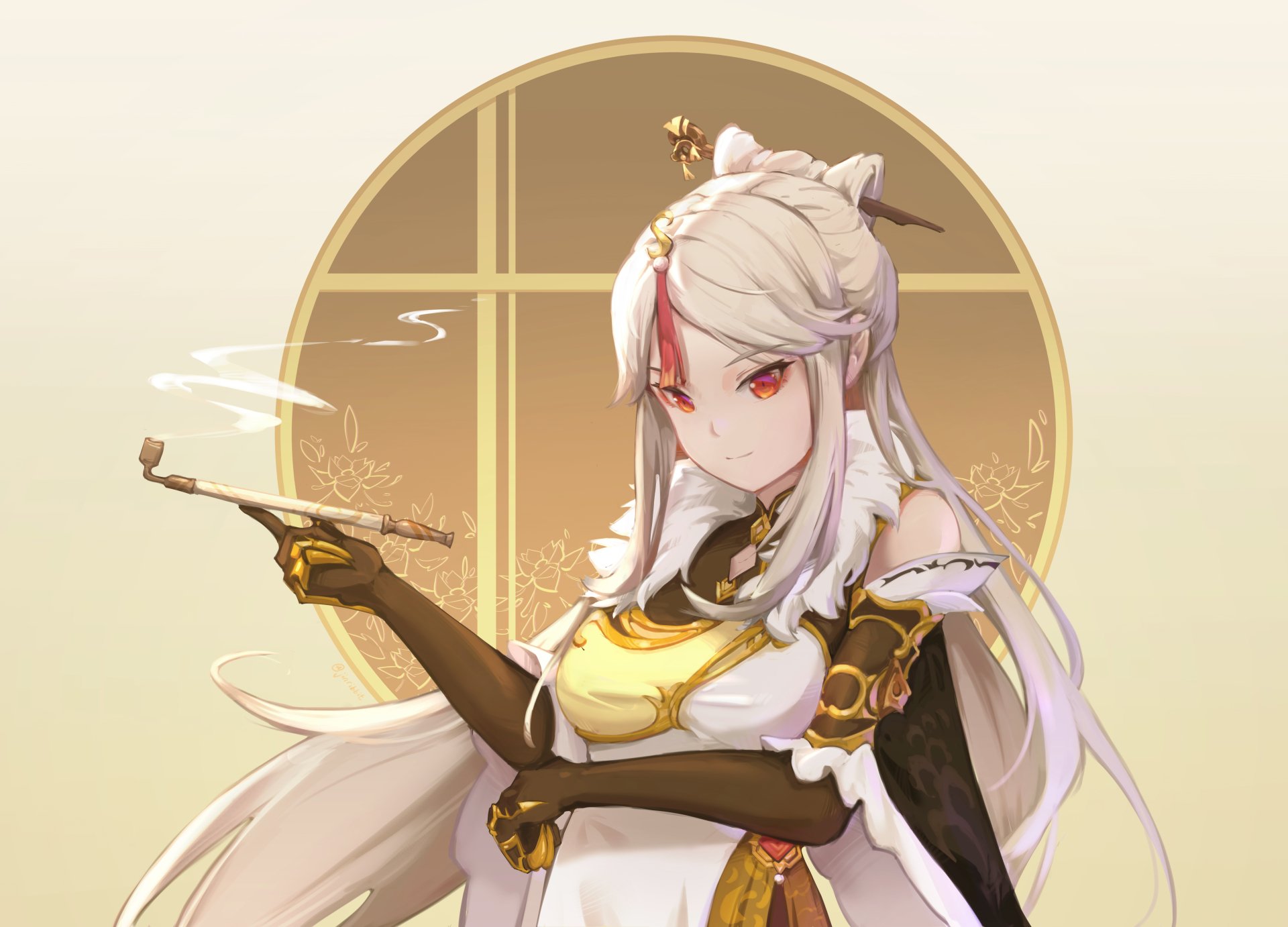 Ningguang from Genshin Impact is depicted in a detailed 4K Ultra HD PC desktop wallpaper, showcasing her elegant pose and intricate outfit against a soft golden background.